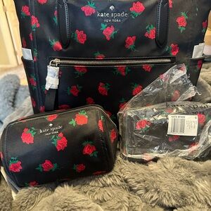 kate spade Black Tote with Red Rose Print and Matching Pouches
